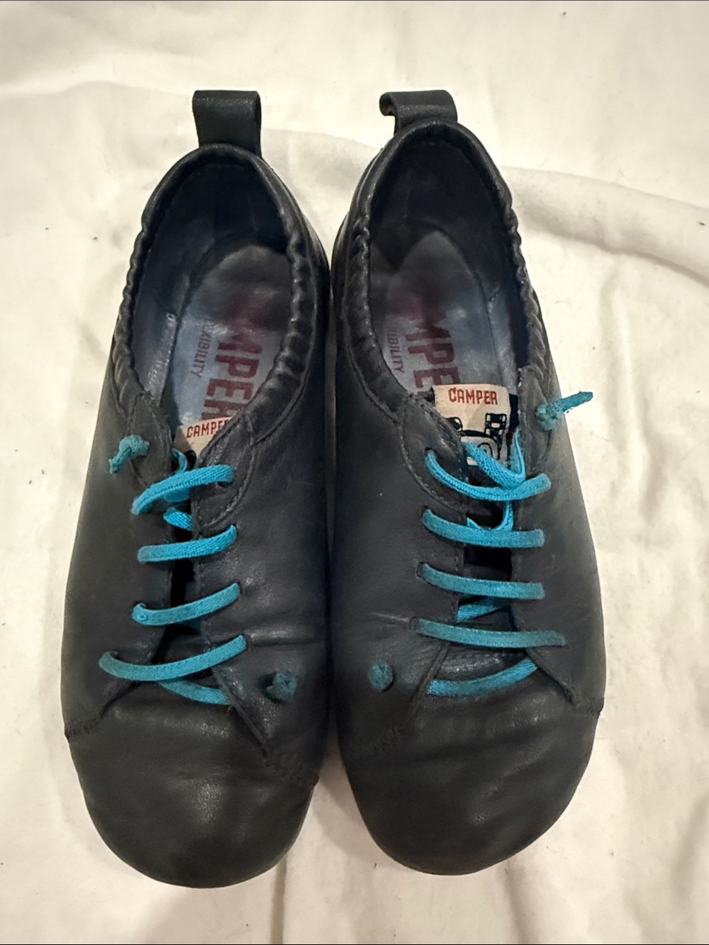 Camper Women's navy blue Leather Lace-Up Shoes with Turquoise Laces